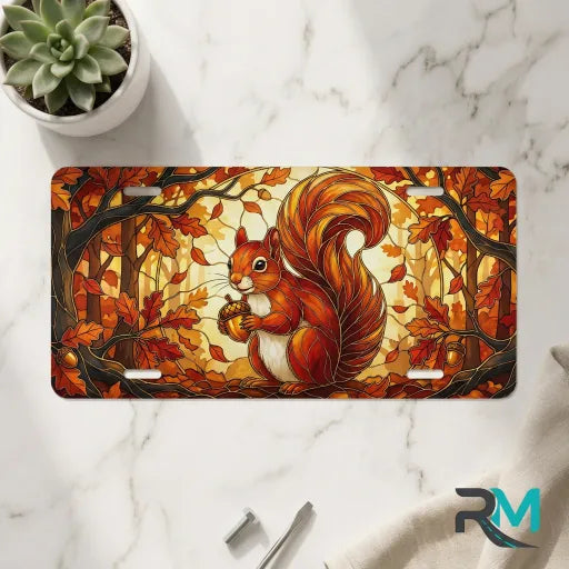 autumn squirrel vanity plate on marble surface — warm amber squirrel acorn autumn decorative plate