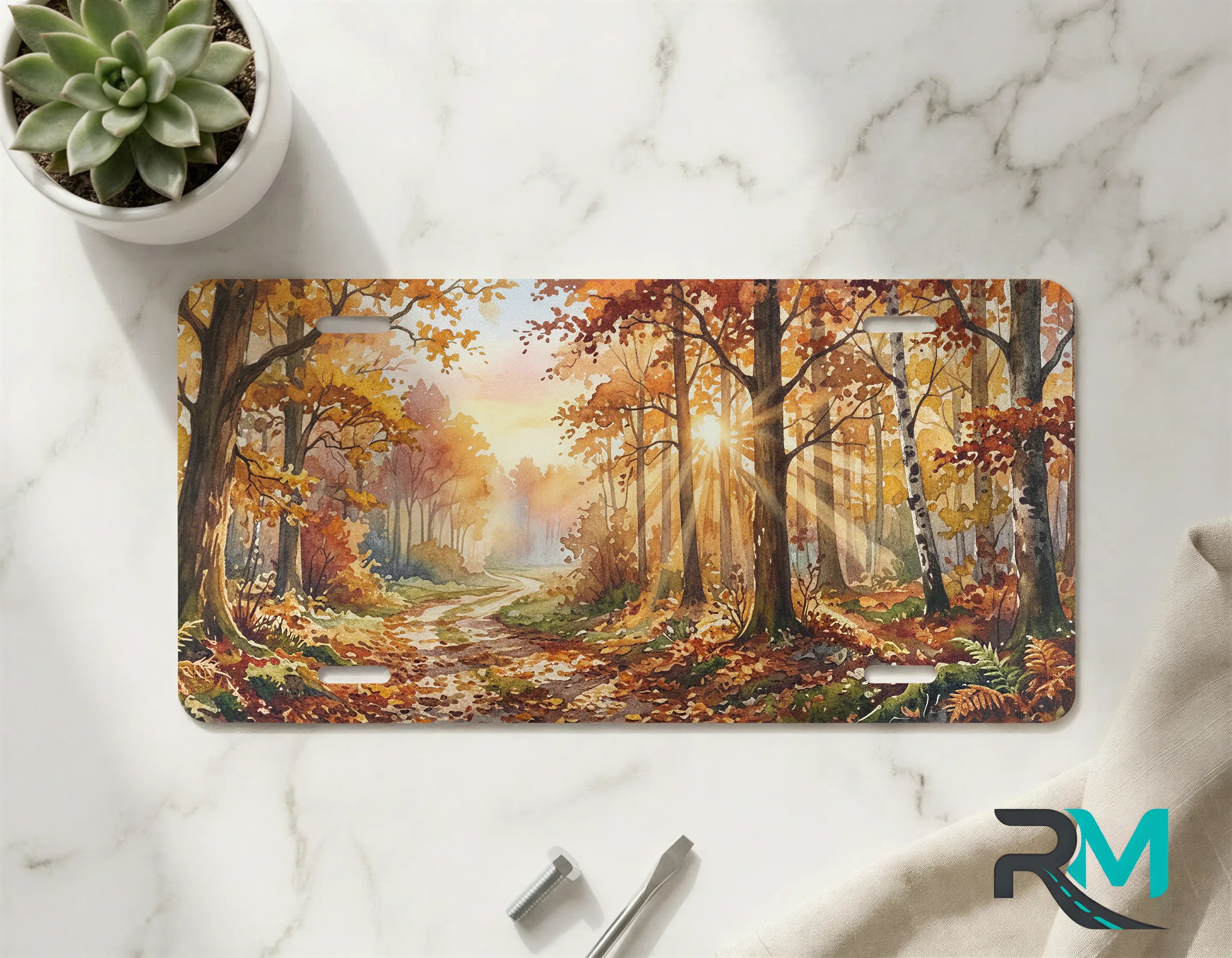 autumn sunlit license plate on marble surface — warm gold rust forest decorative plate