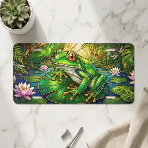 green tree frog vanity plate on marble surface — jewel green frog lily pad decorative plate