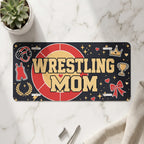 wrestling mom vanity plate on marble surface — red gold headgear decorative plate