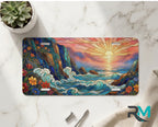 sunset ocean waves vanity plate on marble surface — warm gold jewel teal sunrise ocean waves decorative plate