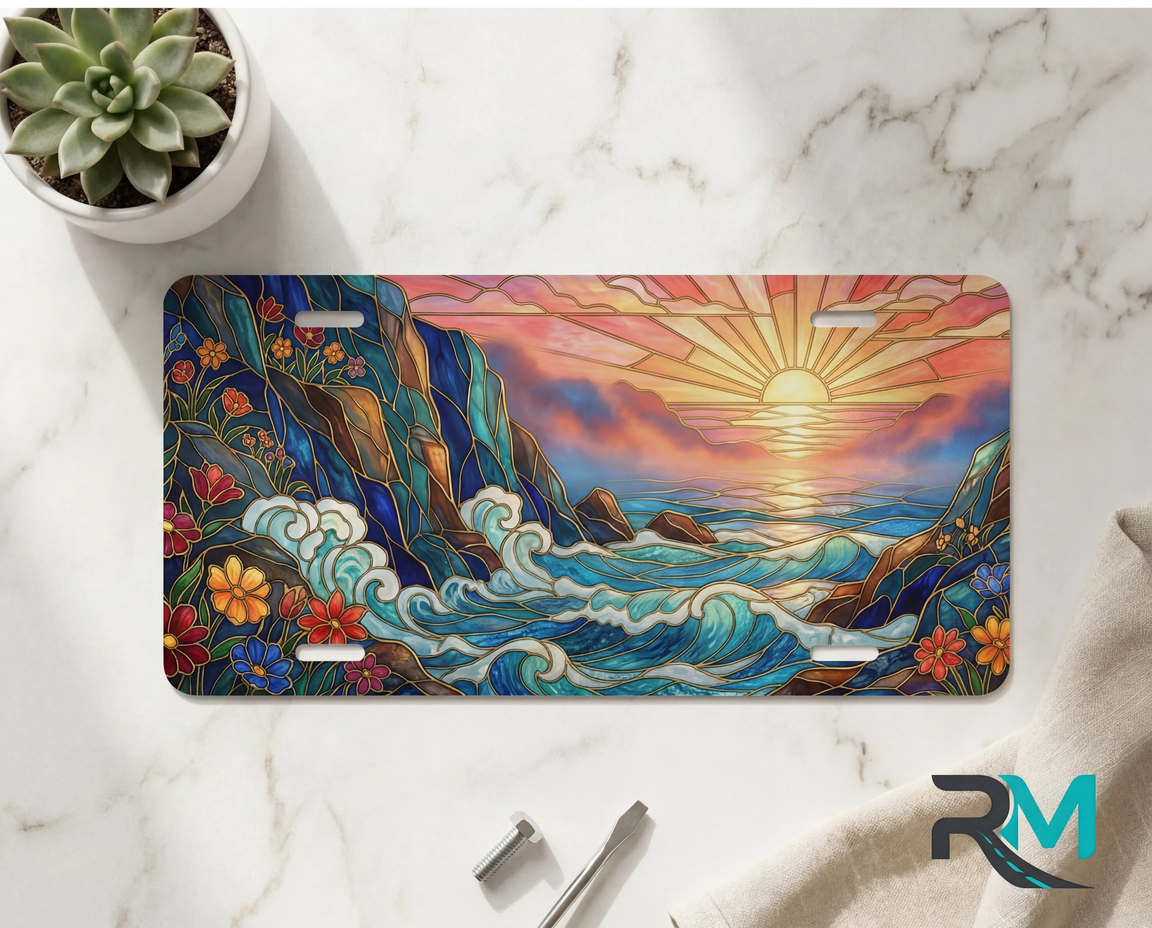 sunset ocean waves vanity plate on marble surface — warm gold jewel teal sunrise ocean waves decorative plate