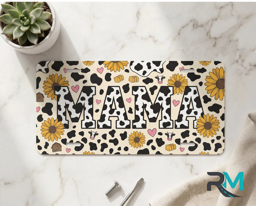 Mama Cow Print Sunflowers Vanity Plate