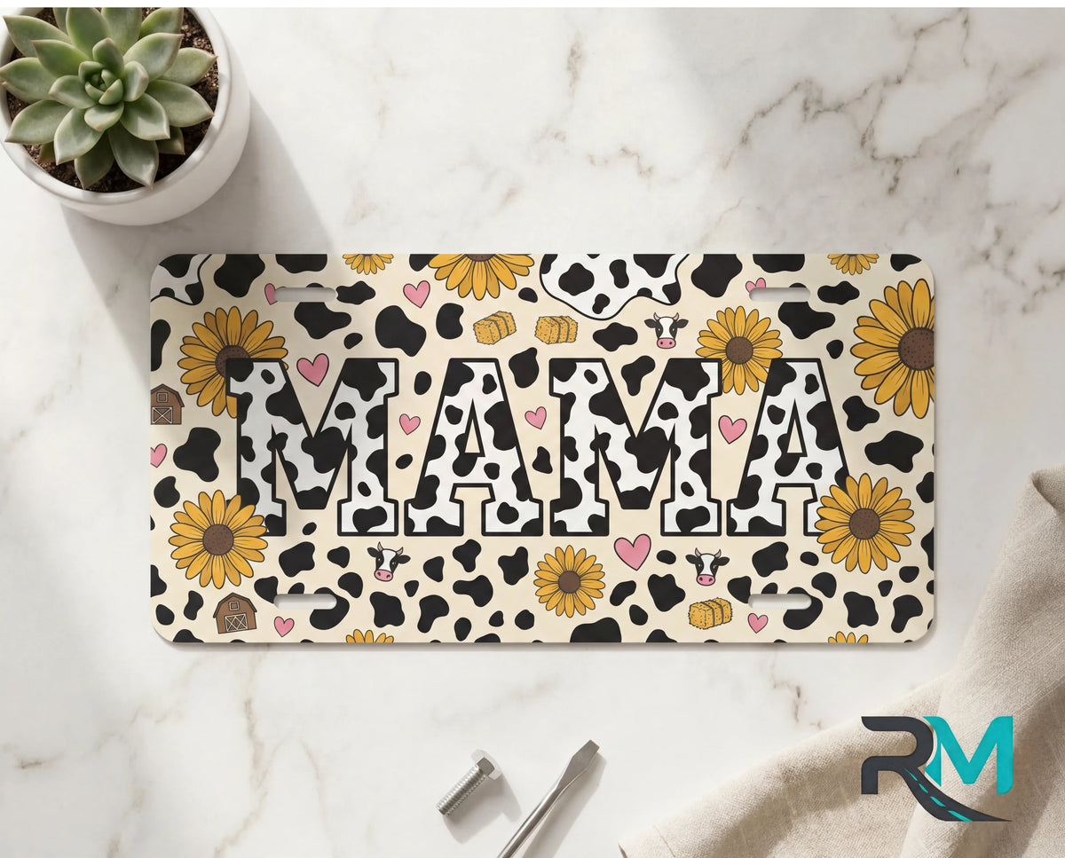 Mama Cow Print Sunflowers Vanity Plate