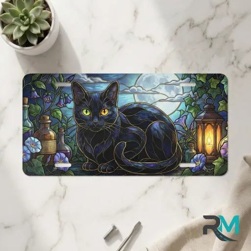 black cat stained glass vanity plate on marble surface — jewel tone moonlit cat decorative plate