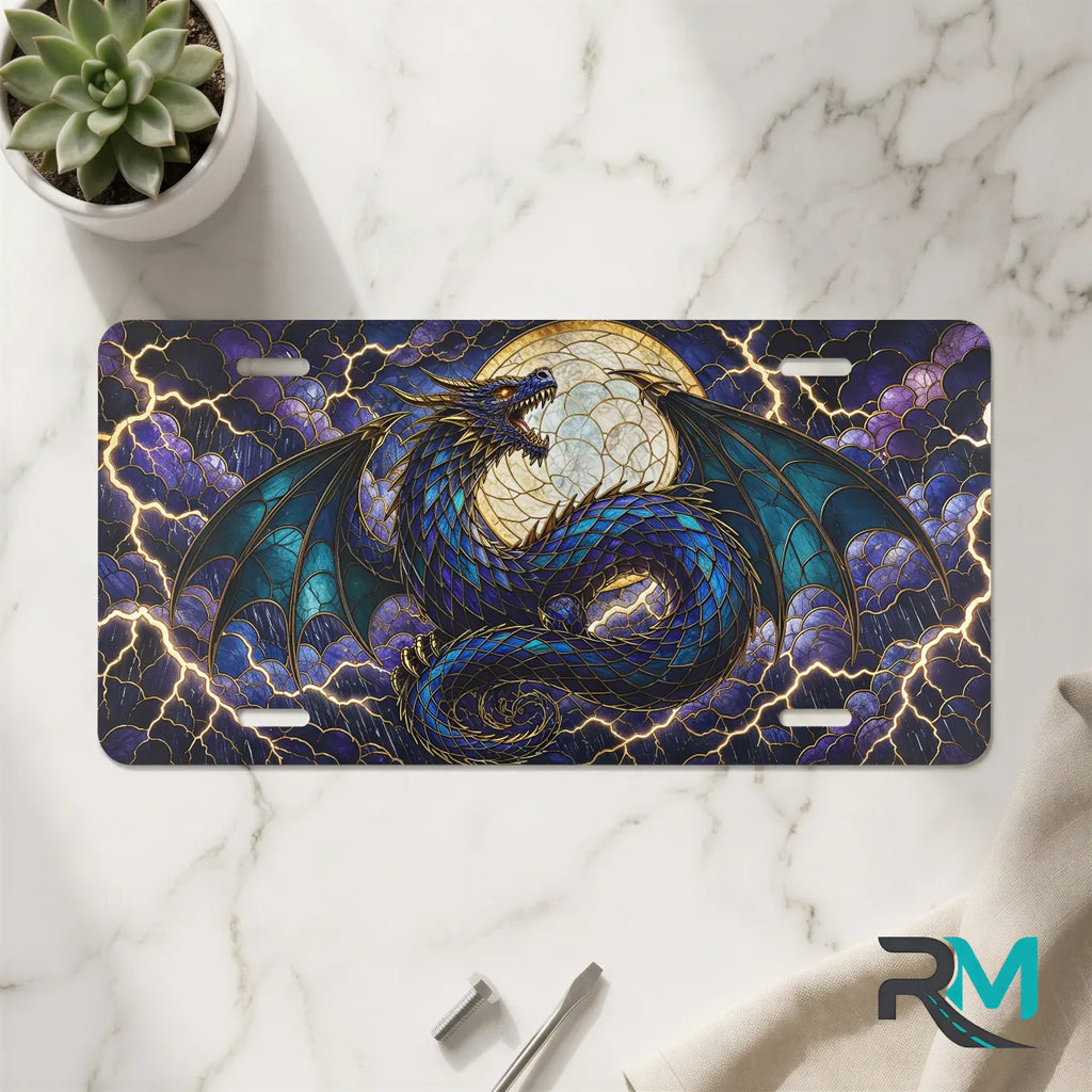 blue dragon vanity plate on marble surface — jewel blue teal dragon moon decorative plate