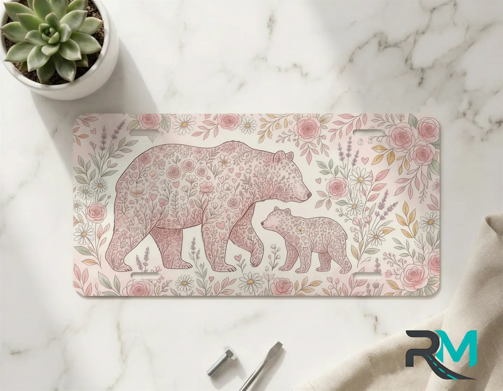 floral bear mom and cub vanity plate on marble surface — blush rose decorative nursery plate