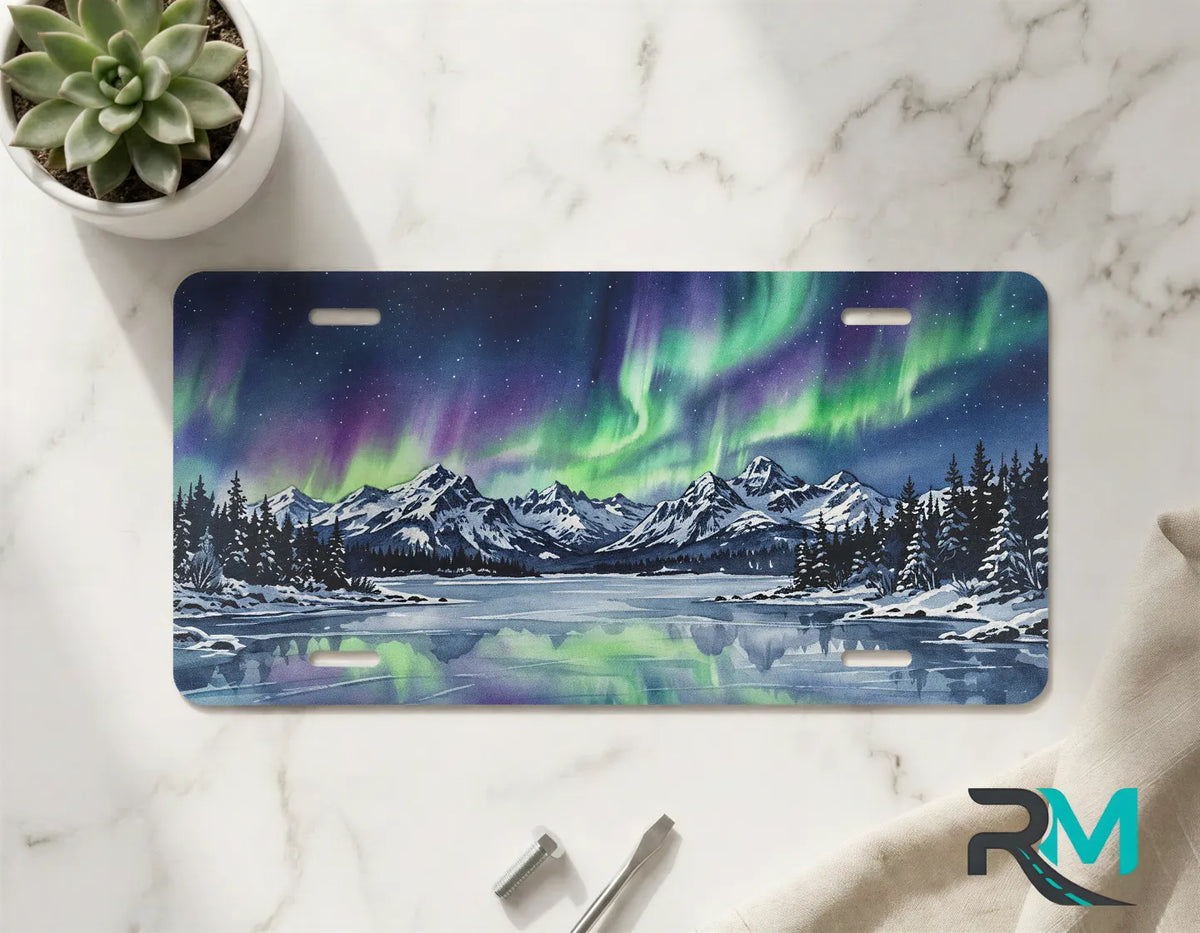 aurora borealis vanity plate on marble surface — vivid green violet night sky decorative plate