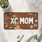 xc mom vanity plate on marble surface — earthy trail runner decorative license plate