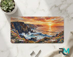 coastal cliffs front license plate on marble surface — vivid seaside sunset illustration