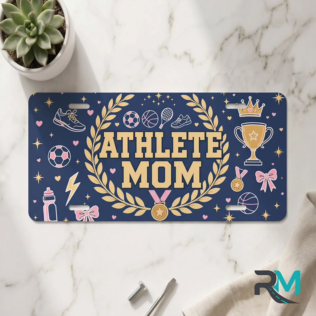 athlete mom vanity plate on marble surface — navy gold laurel wreath decorative plate