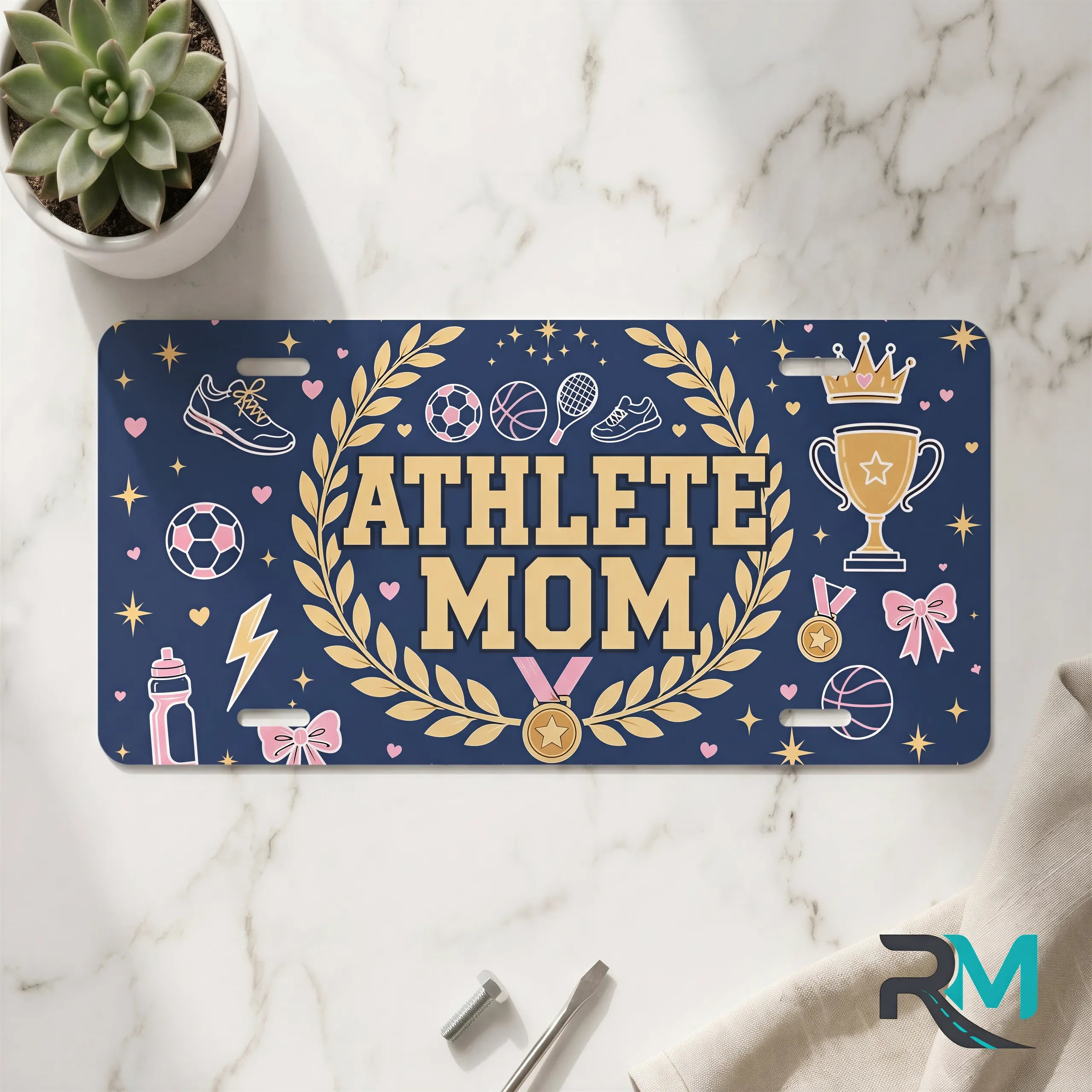 athlete mom vanity plate on marble surface — navy gold laurel wreath decorative plate