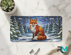 red fox snowy forest vanity plate on marble surface — warm amber winter fox decorative plate