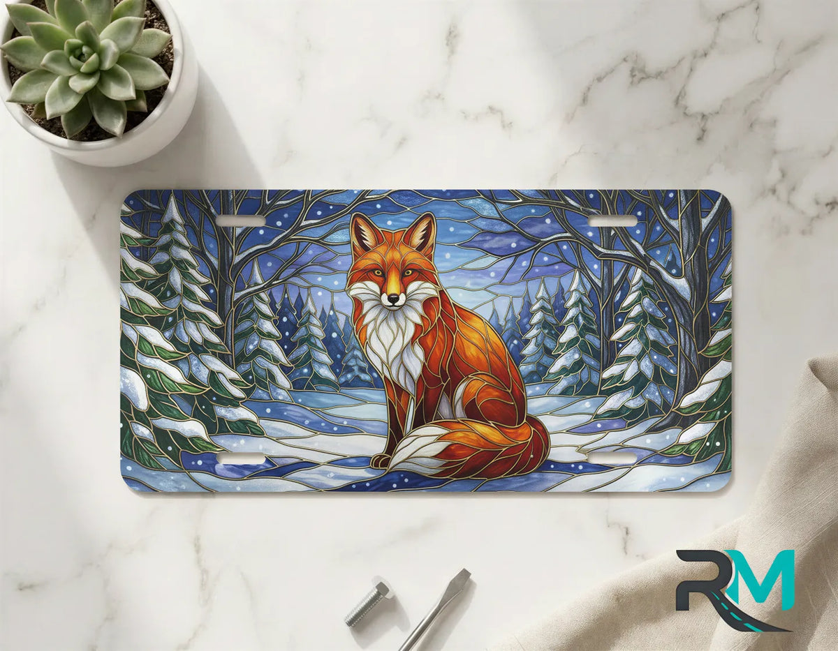 red fox snowy forest vanity plate on marble surface — warm amber winter fox decorative plate