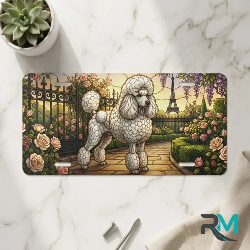 poodle Paris vanity plate on marble surface — Eiffel Tower garden rose decorative plate