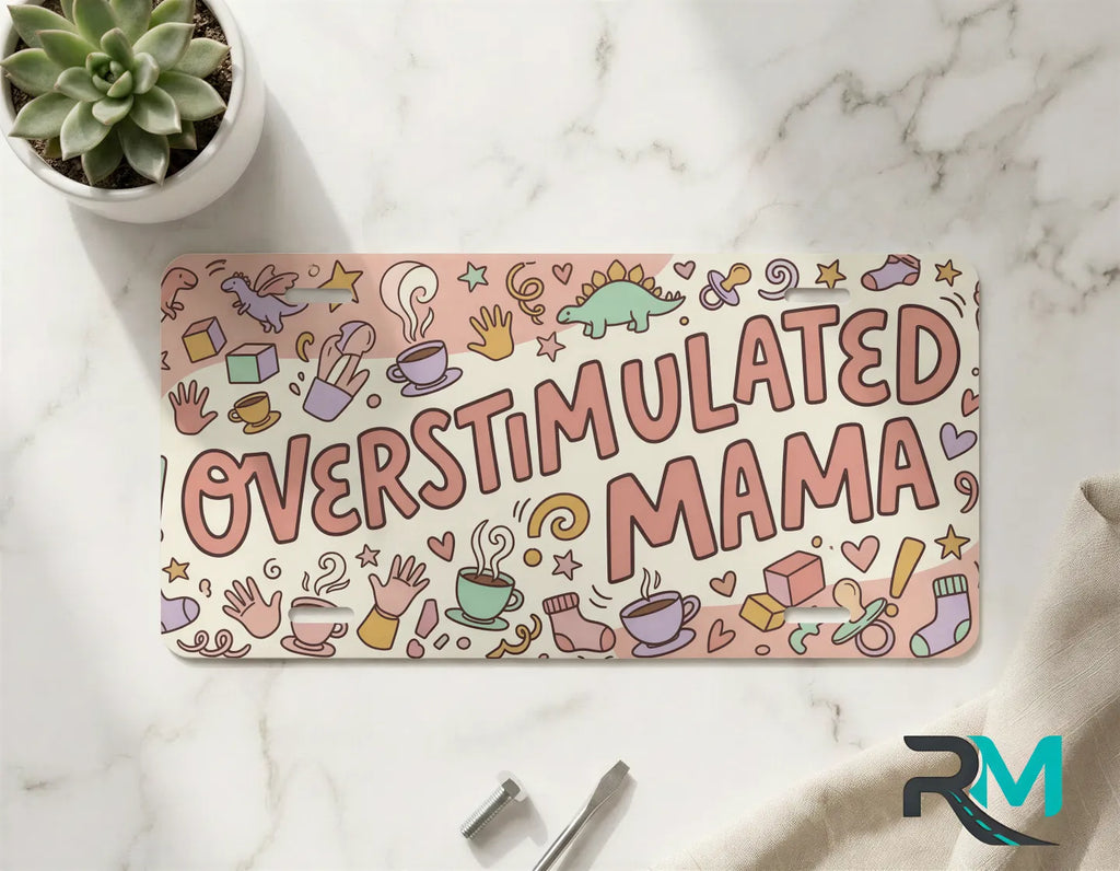 overstimulated mama collage vanity plate on marble surface — pastel decorative coffee plate