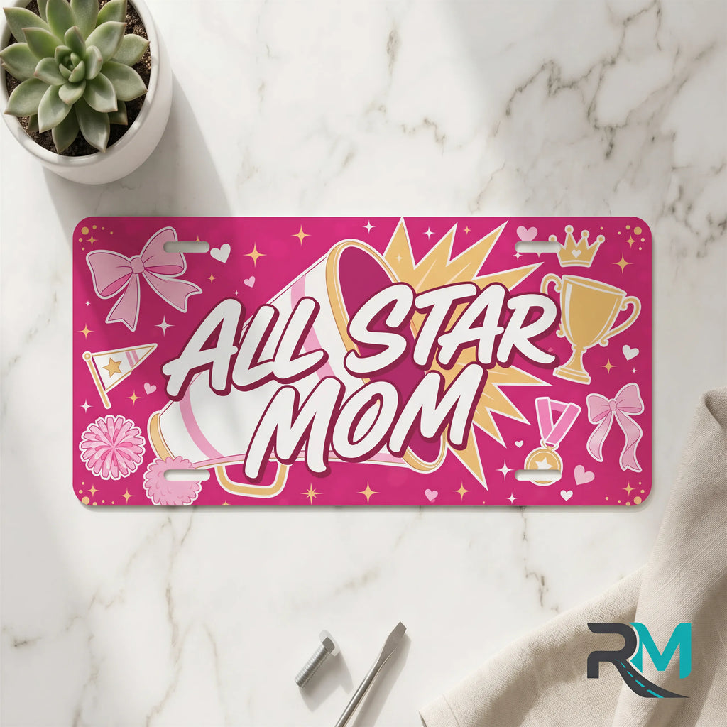 all star mom vanity plate on marble surface — hot pink megaphone decorative plate
