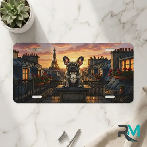 french bulldog paris vanity plate on marble surface — Eiffel Tower rooftop sunset decorative plate