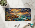 lighthouse seascape vanity plate on marble surface — vivid coastal blue lighthouse waves decorative plate