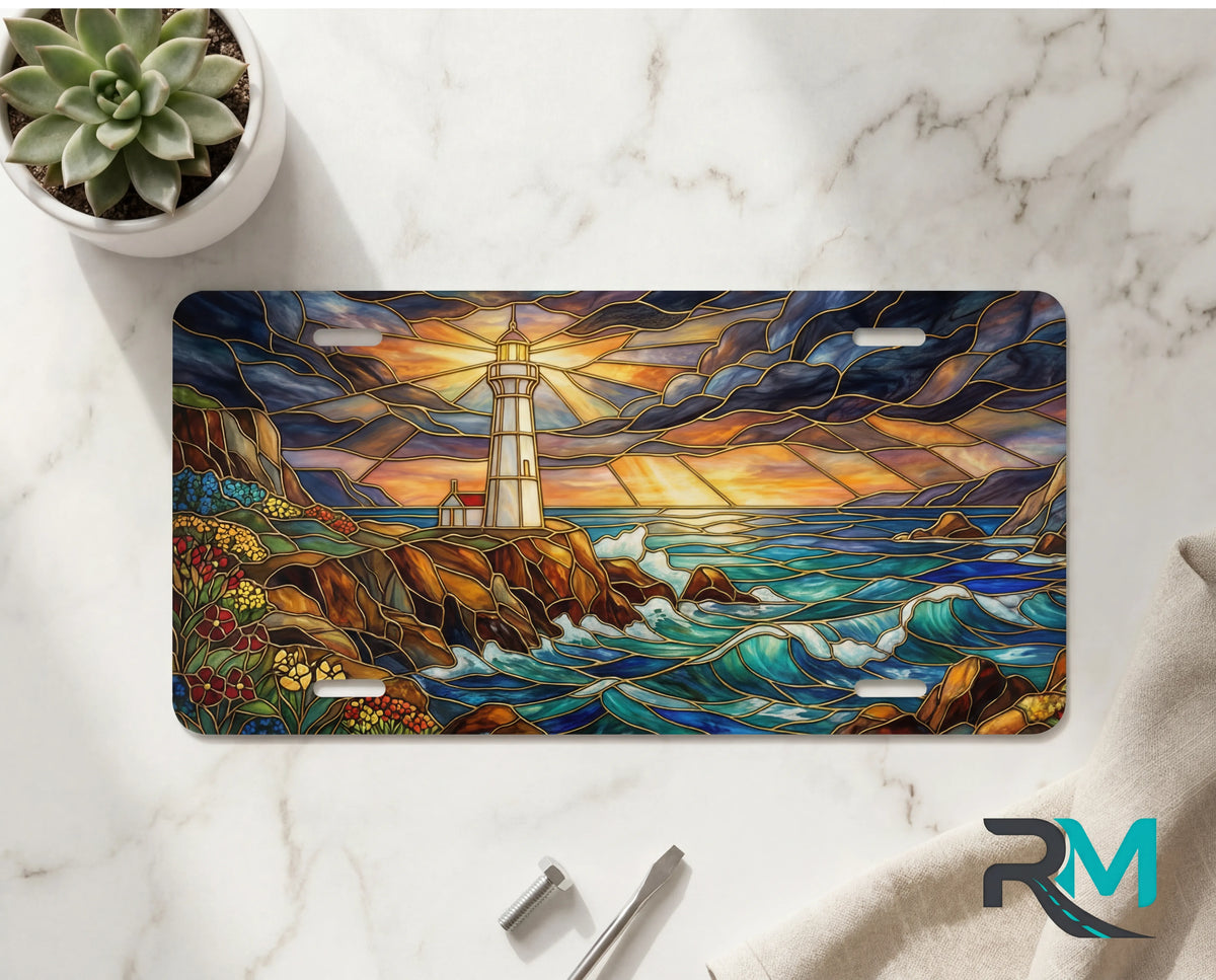 lighthouse seascape vanity plate on marble surface — vivid coastal blue lighthouse waves decorative plate