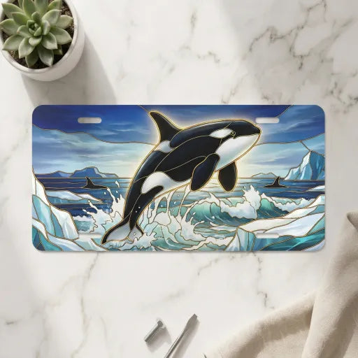 orca whale vanity plate on marble surface — vivid orca icy blue ocean decorative plate
