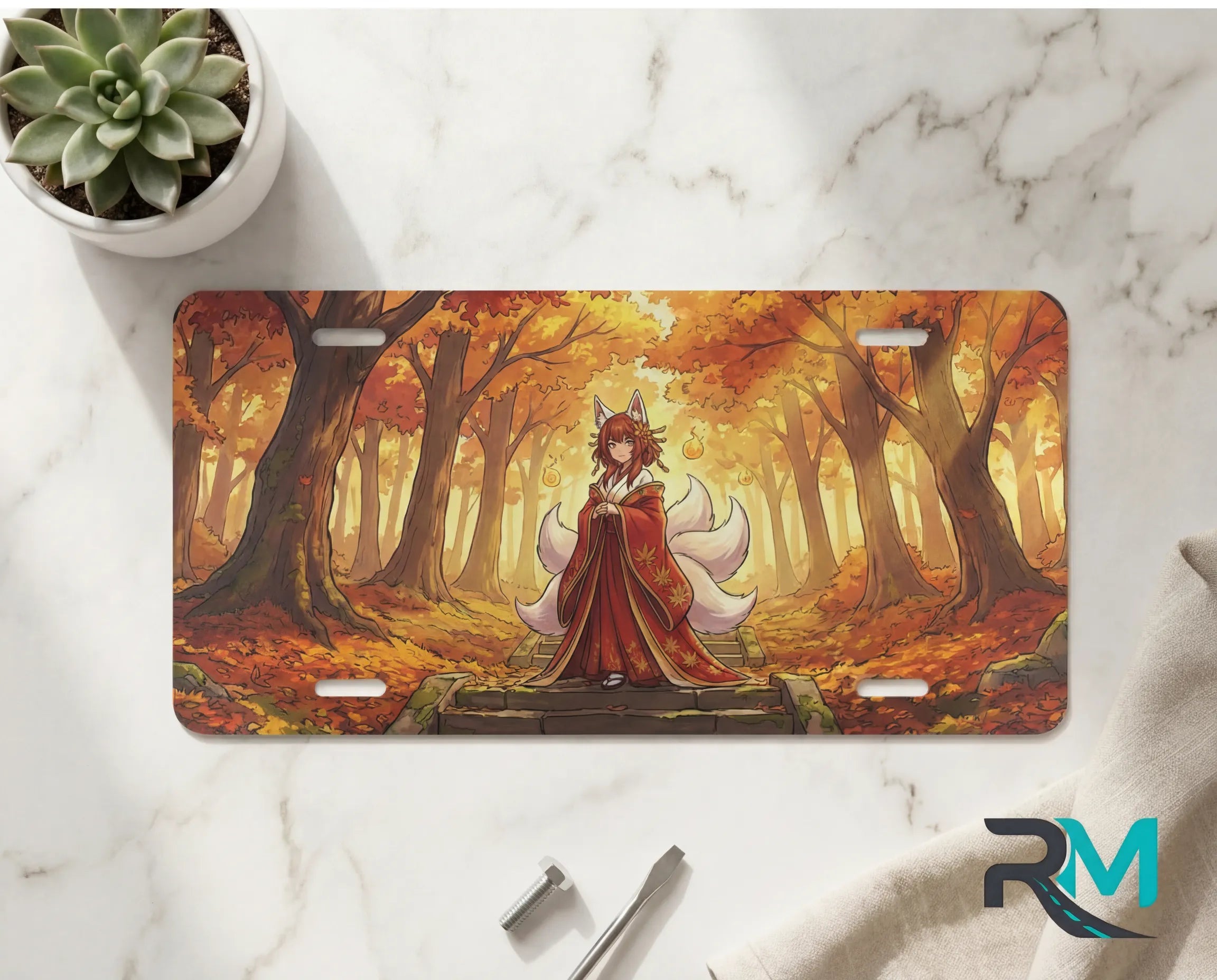 autumn fox spirit vanity plate on marble surface — warm red gold kitsune autumn decorative plate