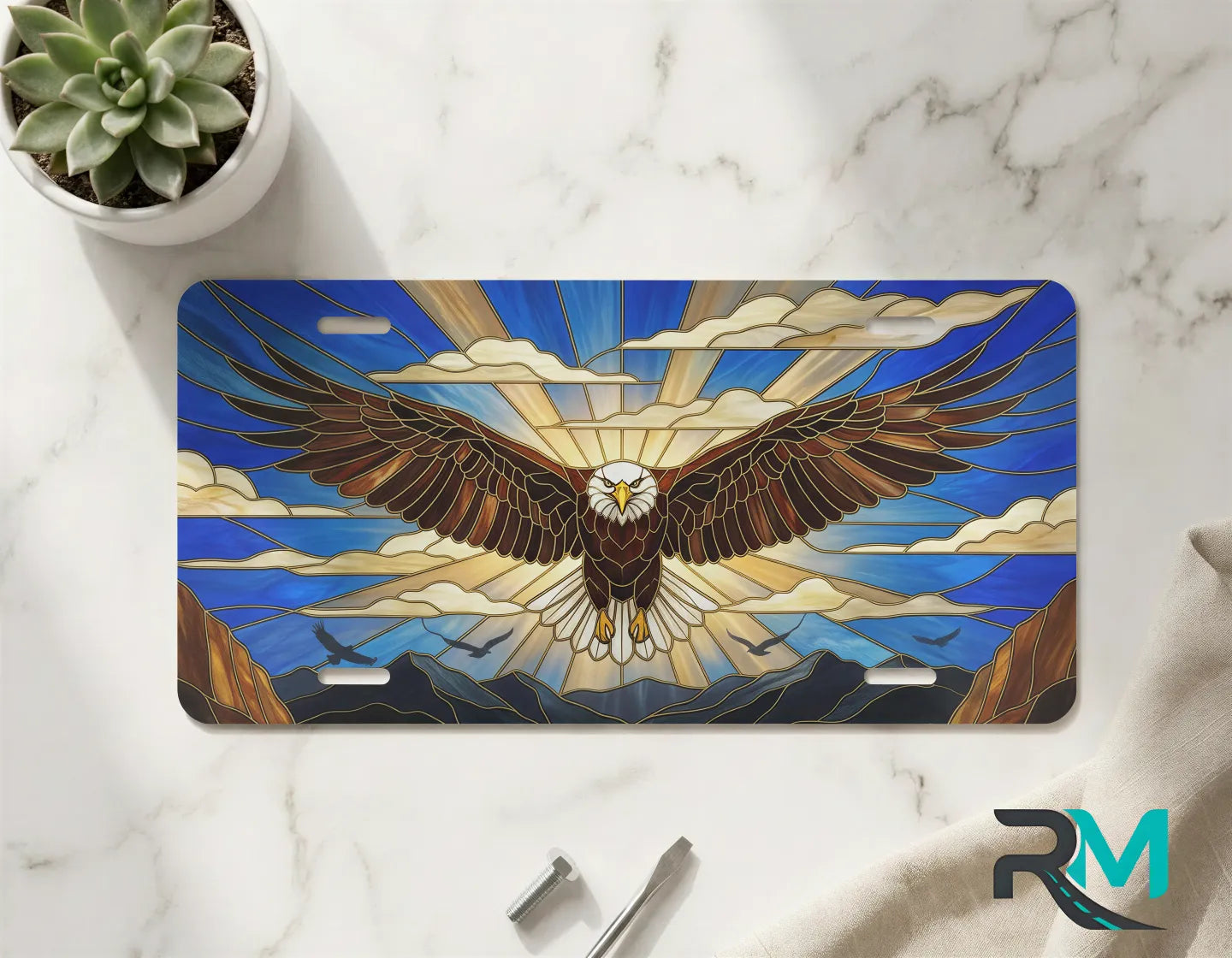 stained glass eagle vanity plate on marble surface — cobalt gold decorative eagle plate