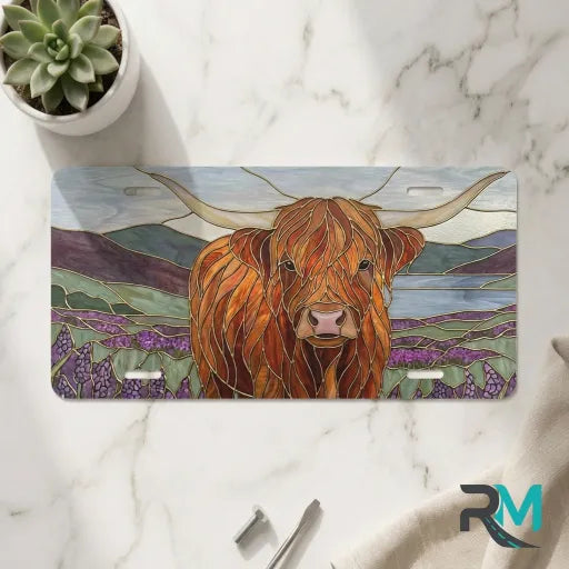highland cow vanity plate on marble surface — warm ochre lavender pastoral decorative plate