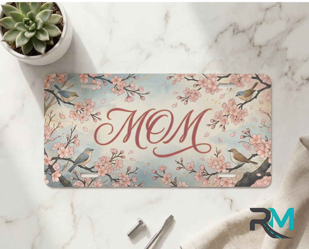 Mom Cherry Blossom Birds Vanity Plate