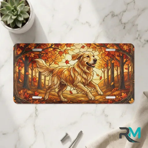 golden retriever vanity plate on marble surface — warm amber rust autumn retriever decorative plate