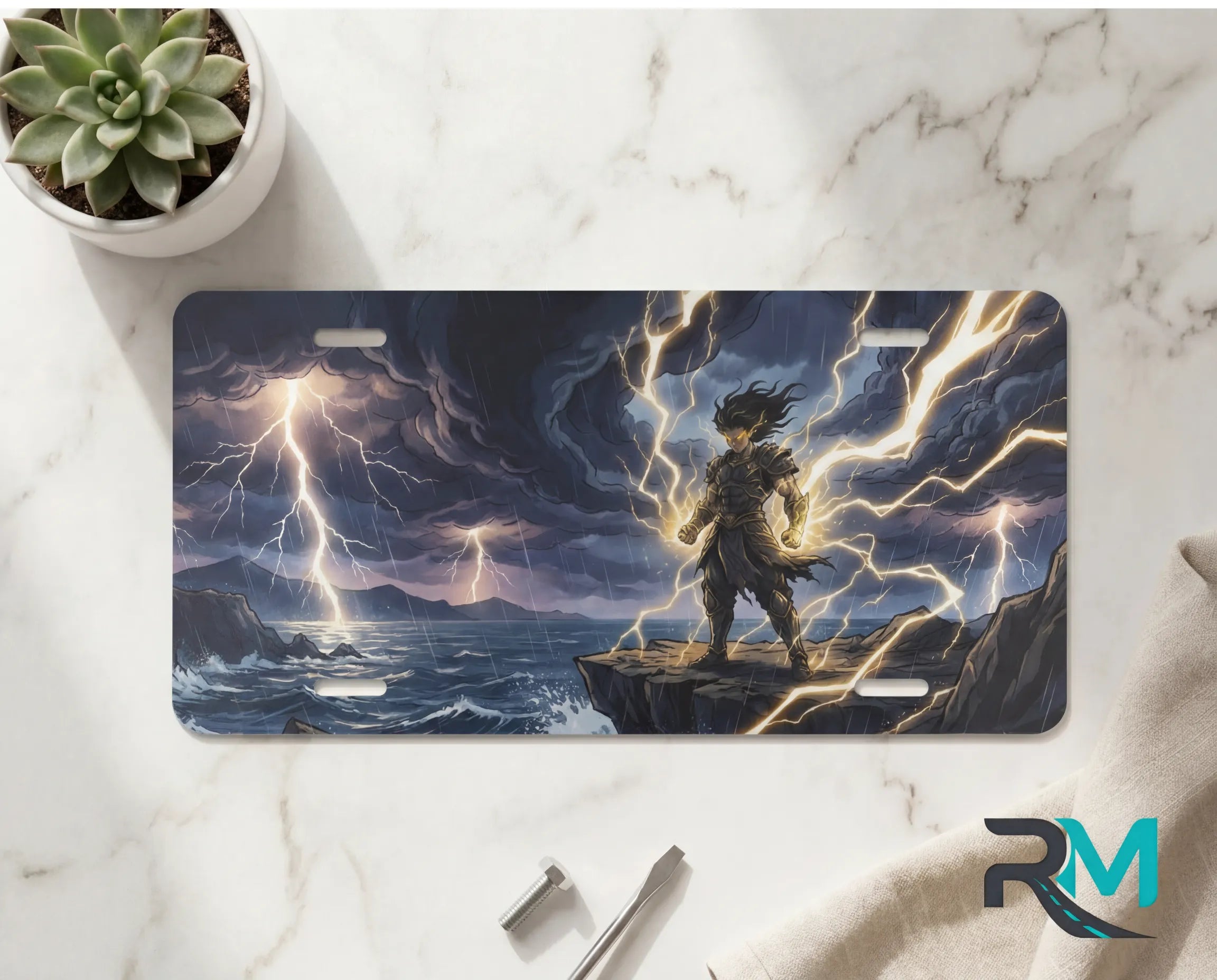 stormcaller vanity plate on marble surface — electric blue gold lightning cliff sea decorative plate
