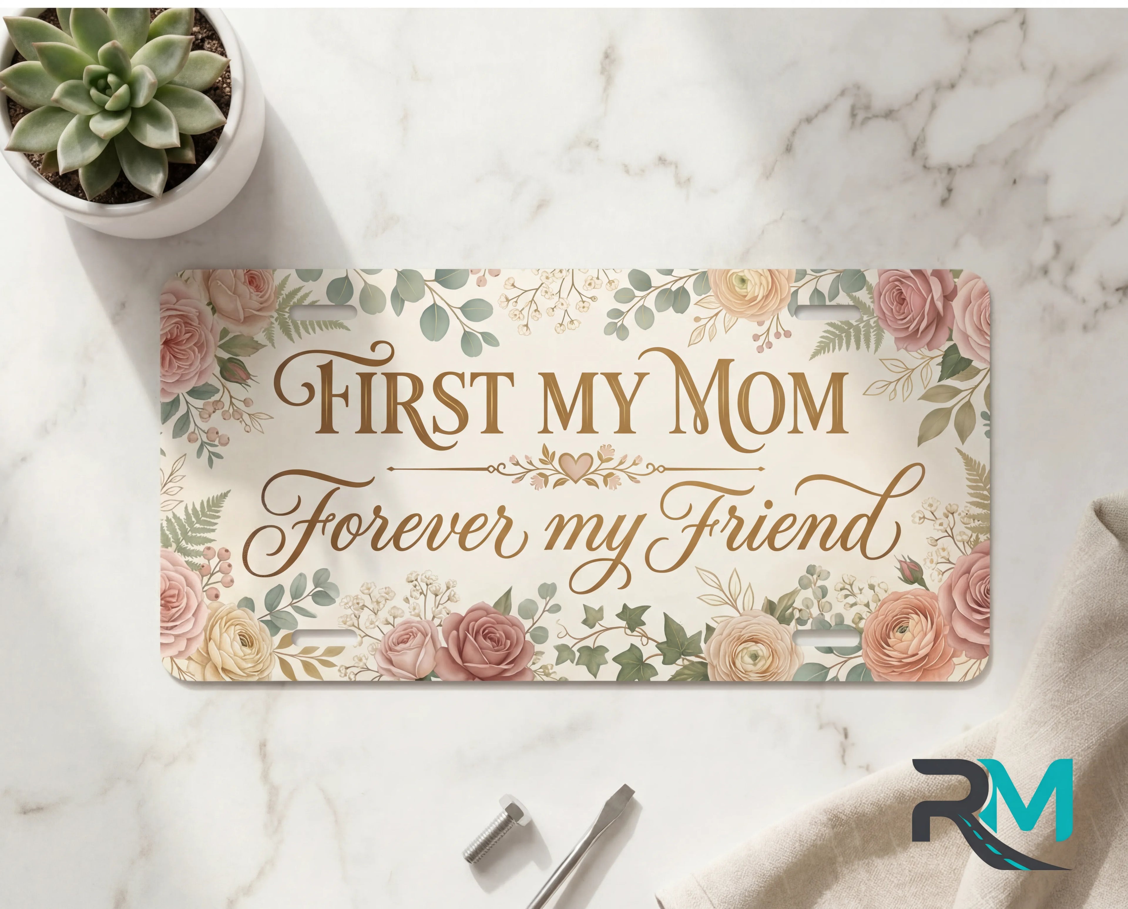 First My Mom Forever My Friend Gold Watercolour Vanity Plate
