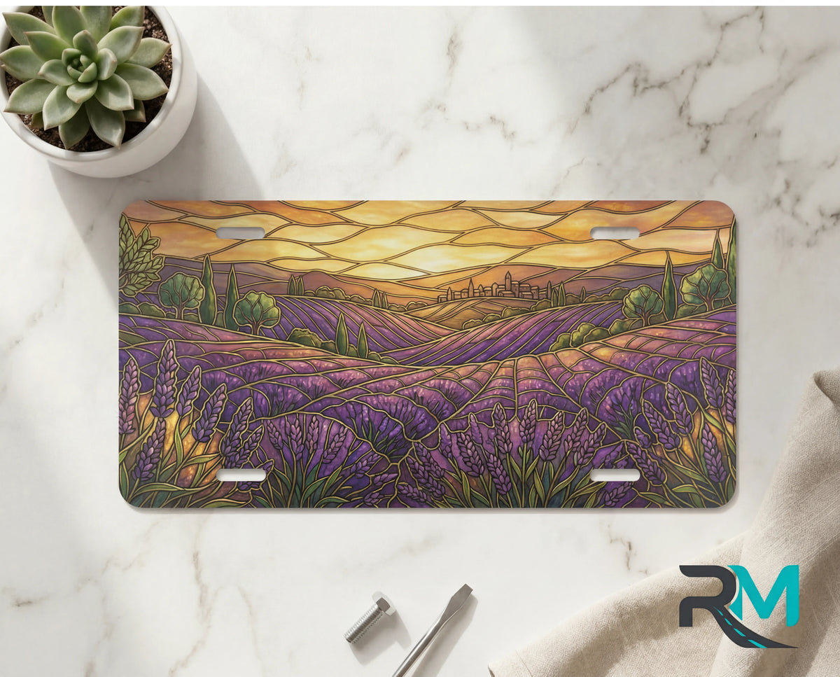 lavender field sunset vanity plate on marble surface — warm gold deep purple lavender decorative plate