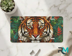 stained glass lion vanity plate on marble surface — warm amber gold decorative lion plate