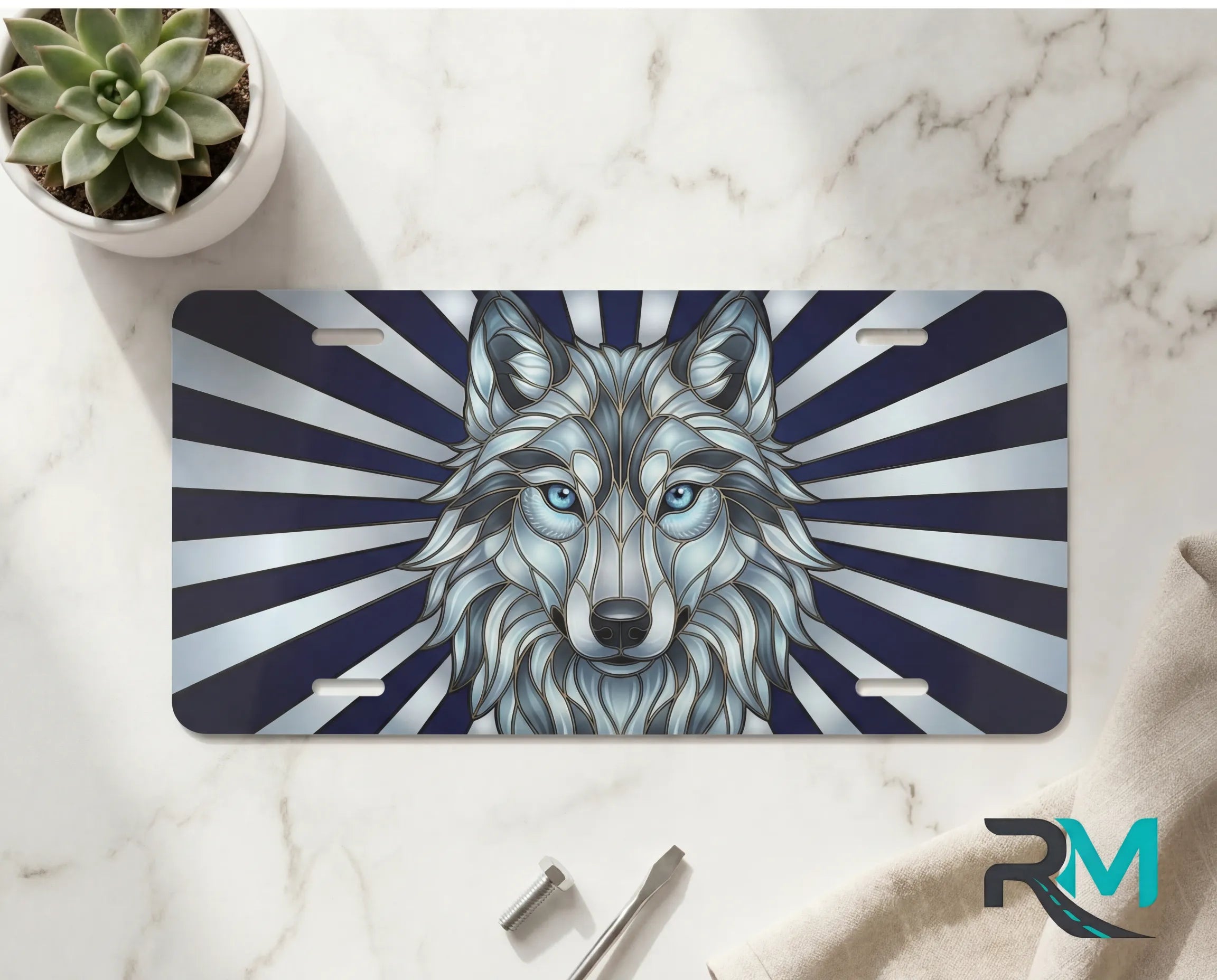 blue wolf vanity plate on marble surface — cool navy graphite stained glass decorative plate