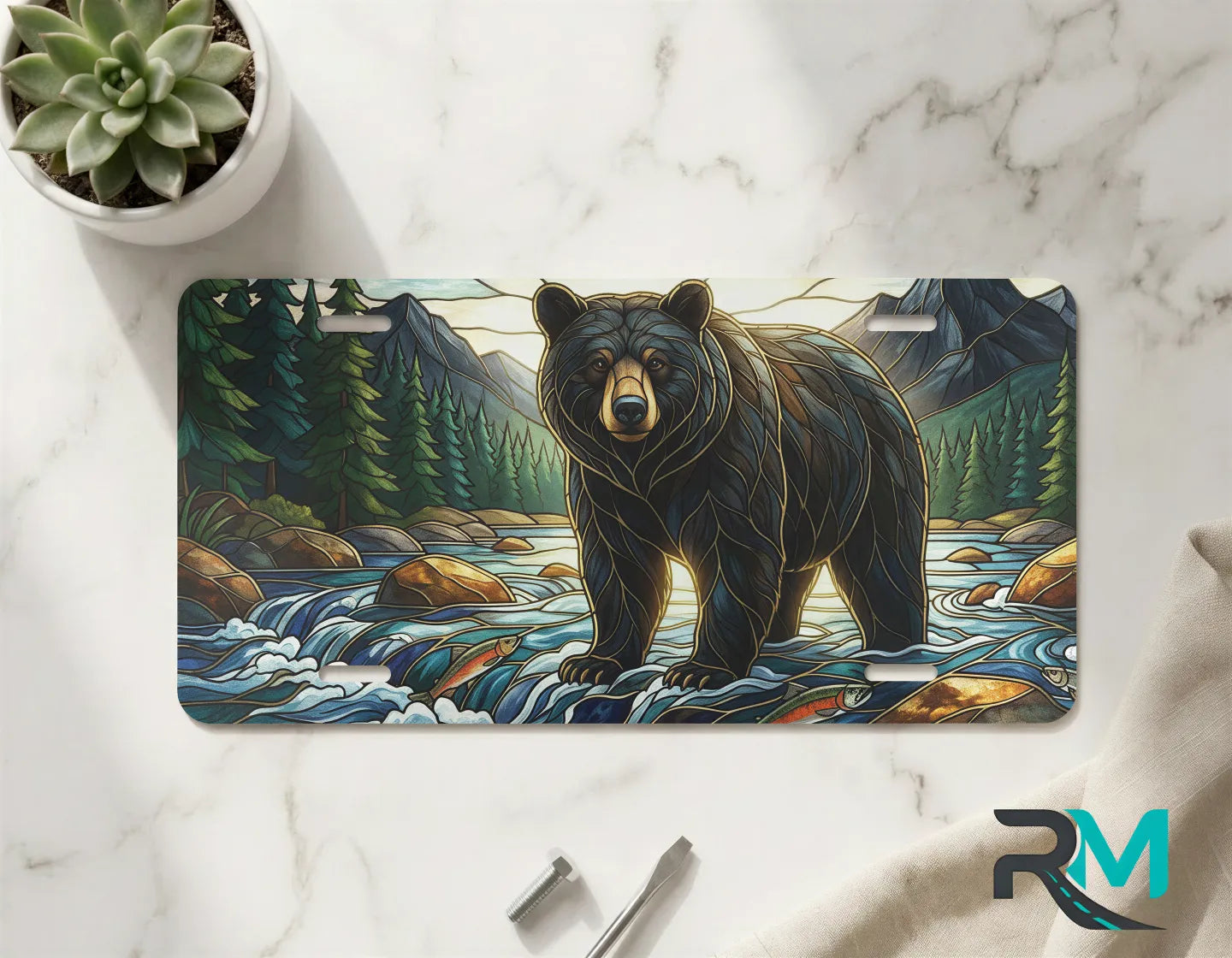 mountain river bear vanity plate on marble surface — forest green river blue decorative plate