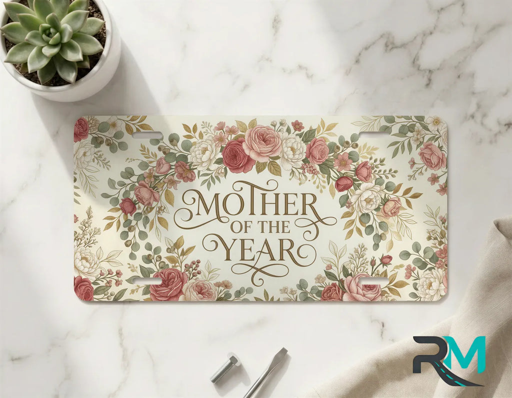 mother of the year vanity plate on marble surface — dusty pink decorative floral plate