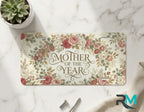 mother of the year vanity plate on marble surface — dusty pink decorative floral plate