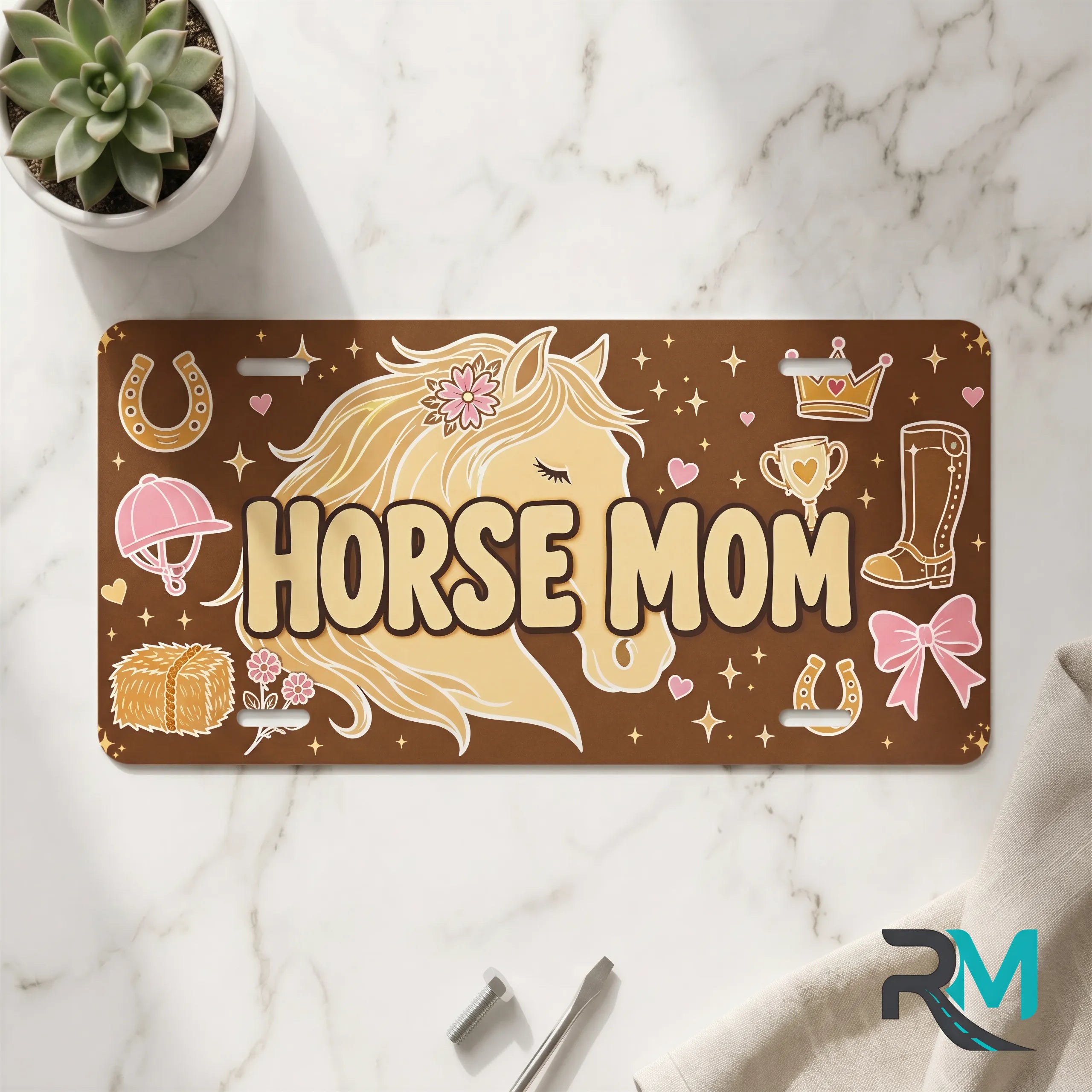 horse mom vanity plate on marble surface — warm brown cream blush decorative equestrian plate