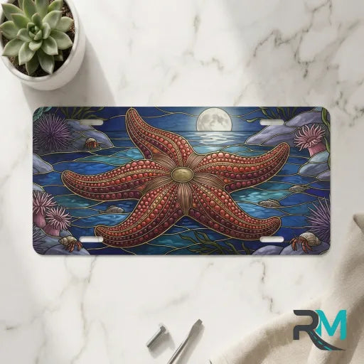 starfish moonlight vanity plate on marble surface — deep blue silver starfish decorative plate