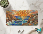 sunrise ocean cliffs vanity plate on marble surface — warm sunrise orange gold ocean cliffs decorative plate