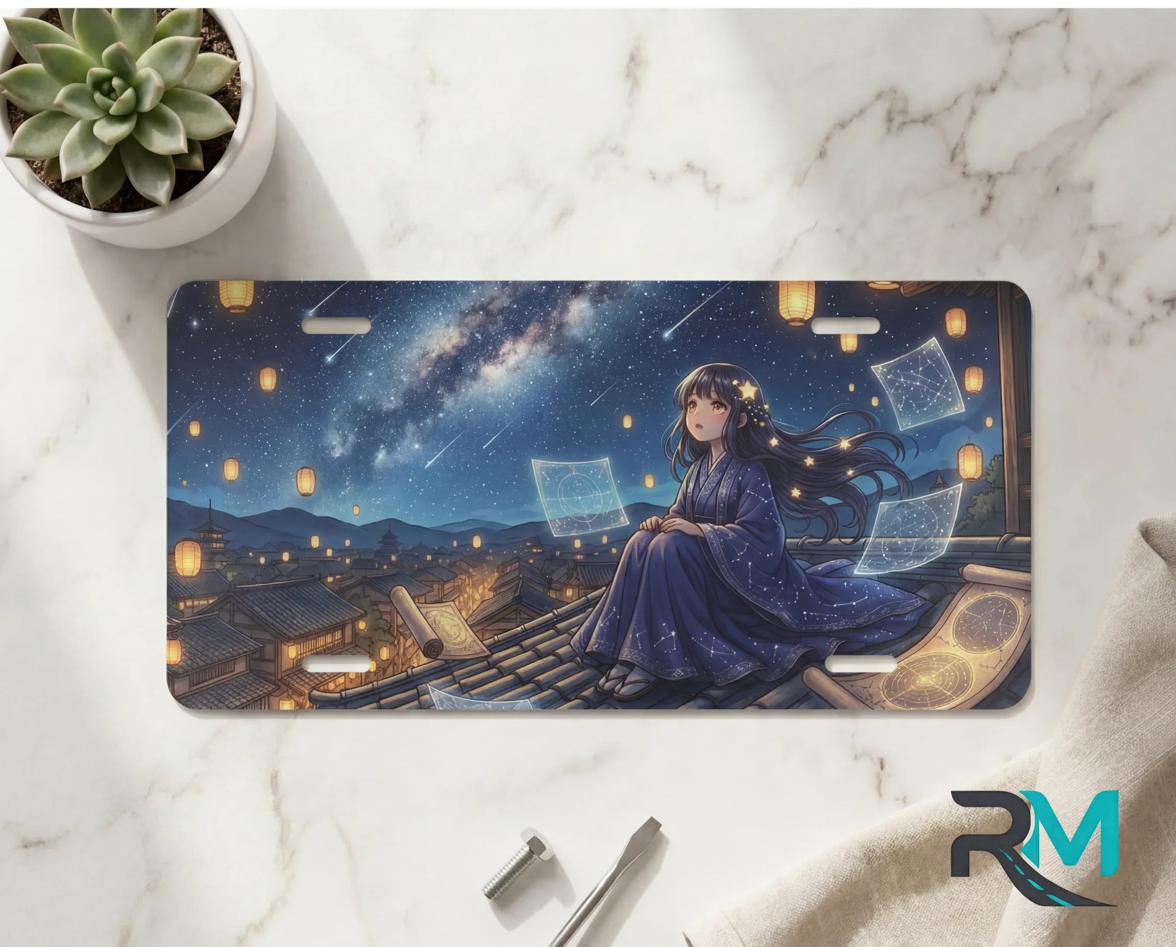 starry night girl vanity plate on marble surface — deep blue night rooftop lanterns decorative plate