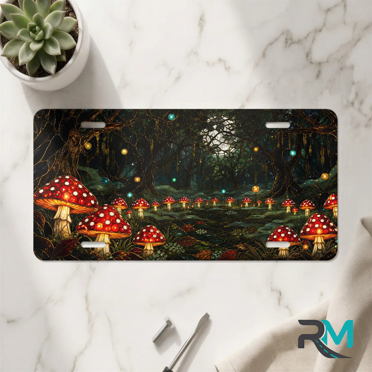 enchanted mushroom forest vanity plate on marble surface — glowing toadstool decorative plate