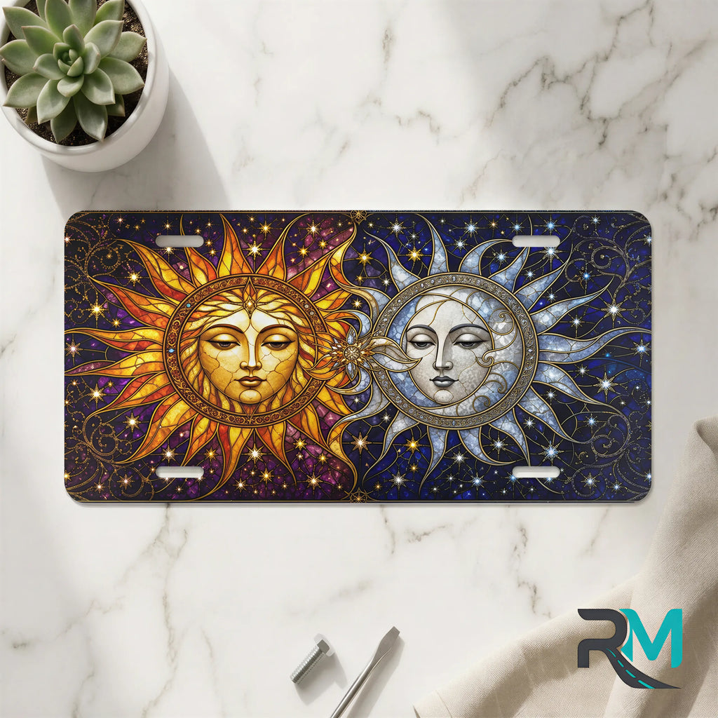 sun moon vanity plate on marble surface — golden sun silver moon indigo decorative plate
