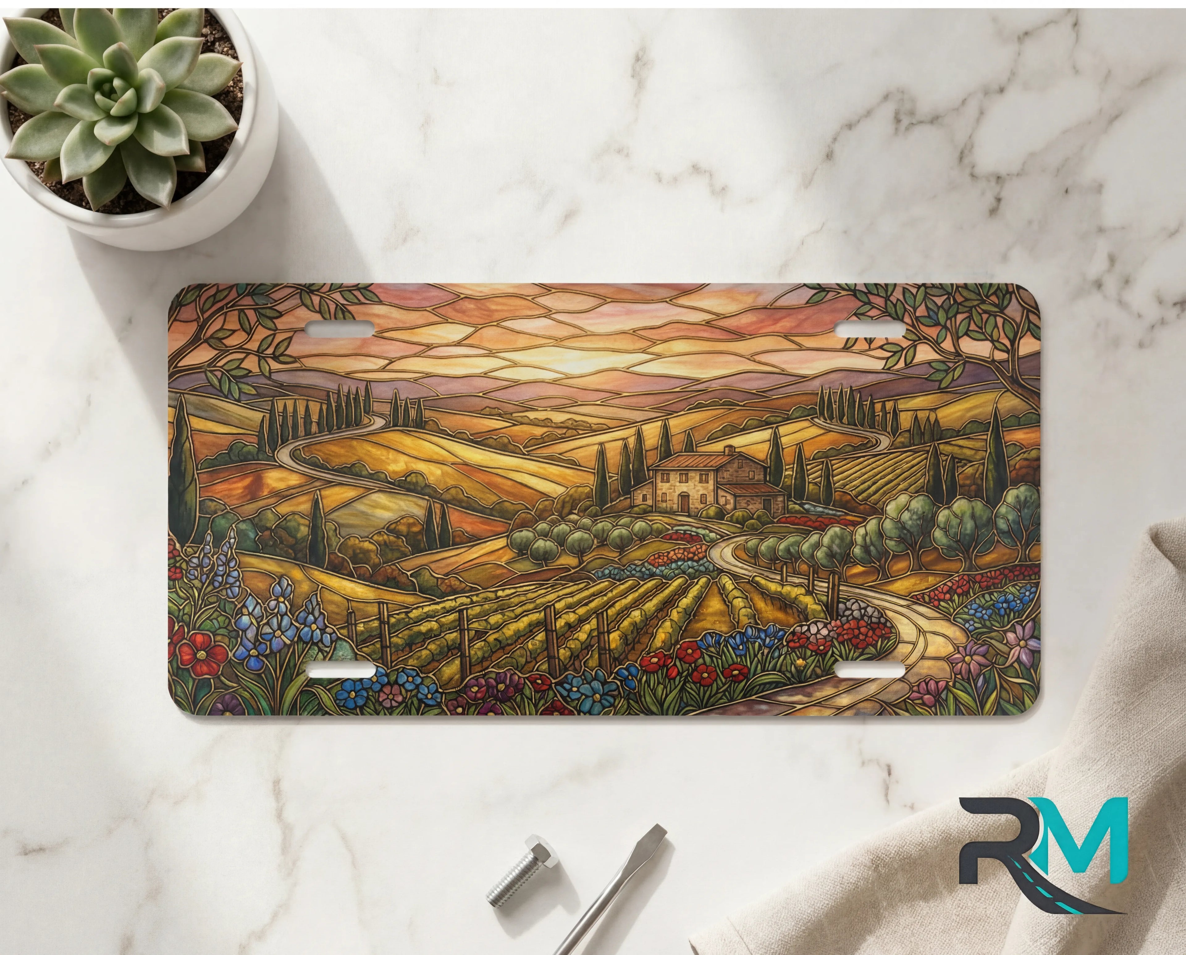 tuscan vineyard vanity plate on marble surface — warm amber cypress vineyard golden hour decorative plate