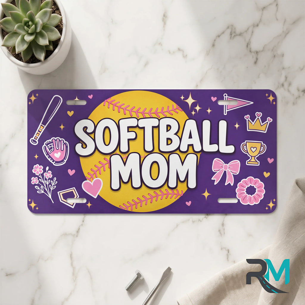 softball mom vanity plate on marble surface — purple softball bat decorative plate
