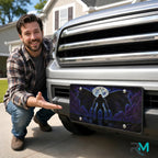 man with mothman vanity plate — deep purple winged mothman red eyes front license plate