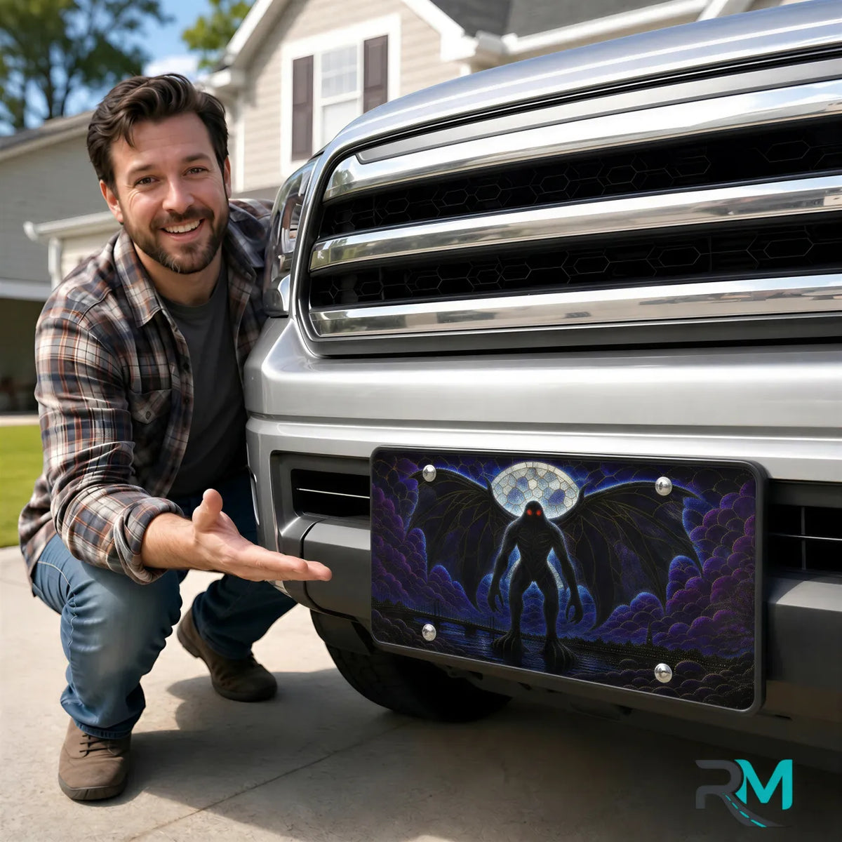 man with mothman vanity plate — deep purple winged mothman red eyes front license plate