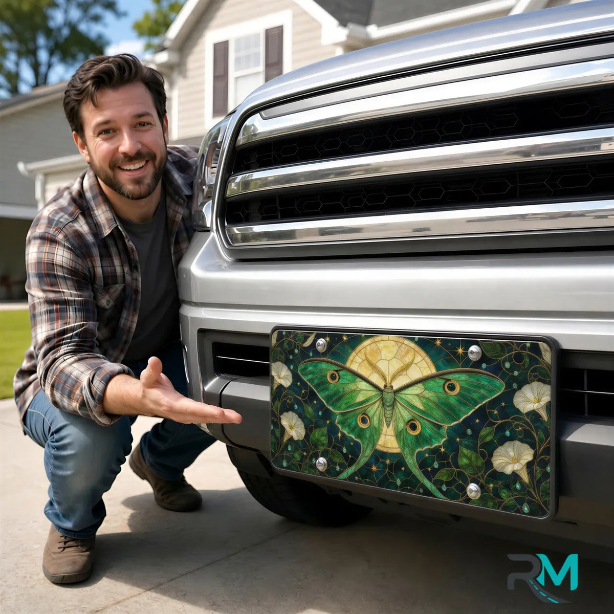 man with luna moth vanity plate — emerald luna moth midnight sky front license plate