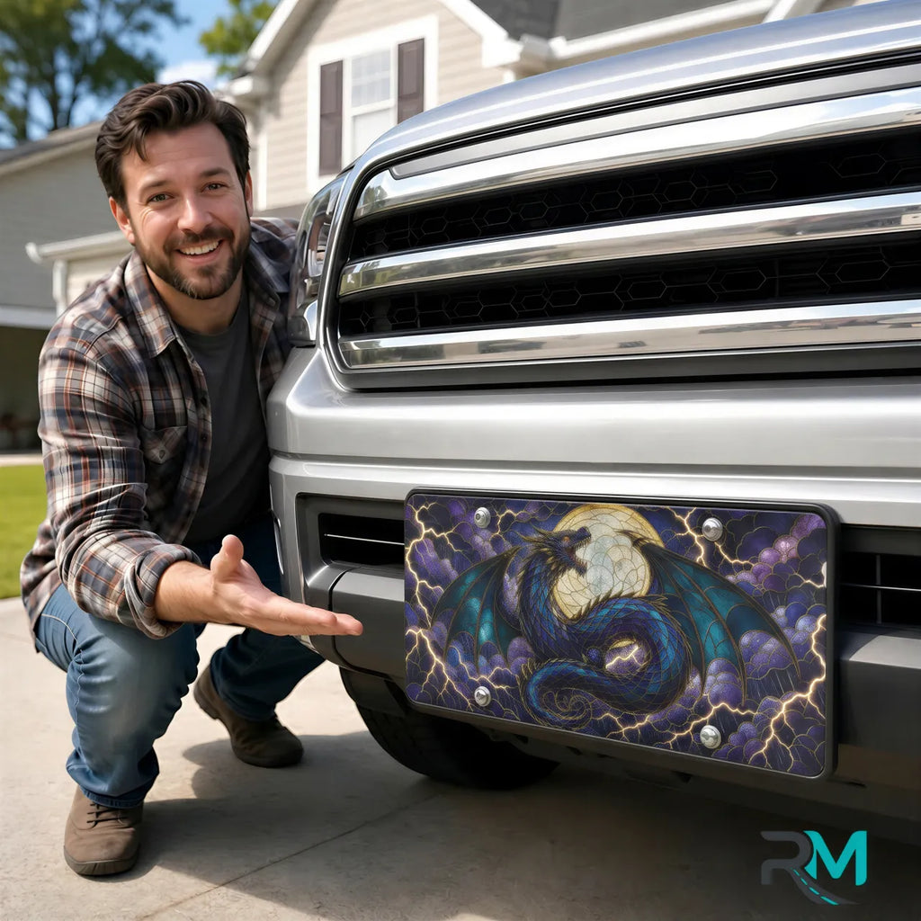 man with blue dragon vanity plate — jewel blue teal dragon moon front license plate